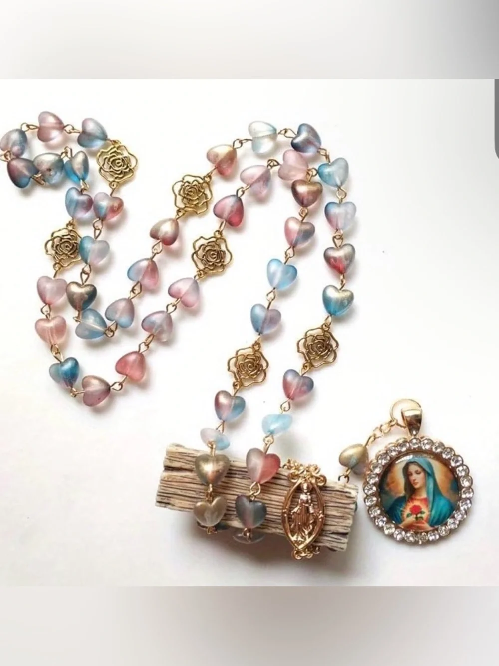 Pastel Heart Rosary Necklace w/ Gold Floral Accents and Virgin Mary Medallion.